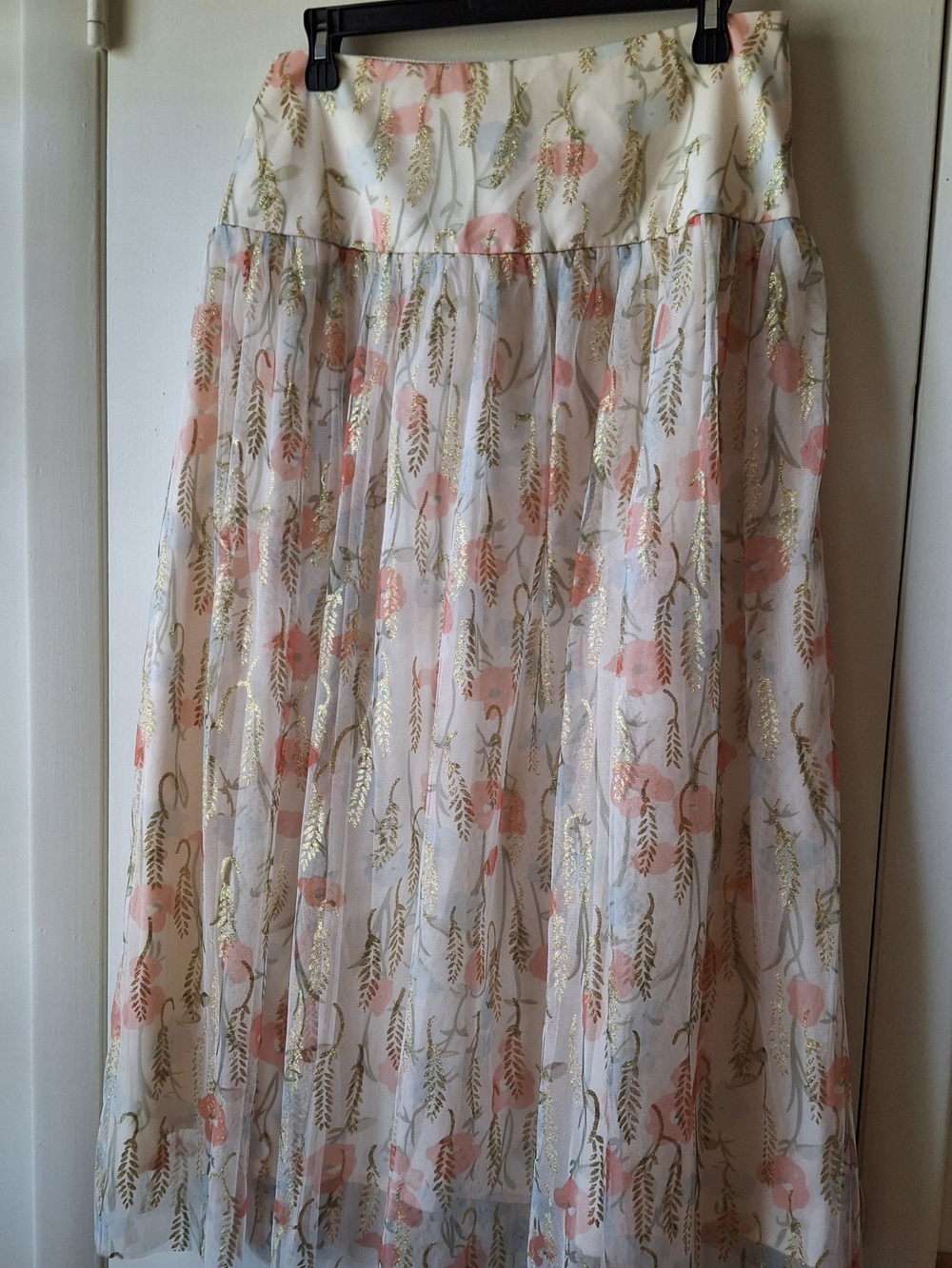 Floral Pleated Chiffon Maxi Skirt - Peach Gold Accents